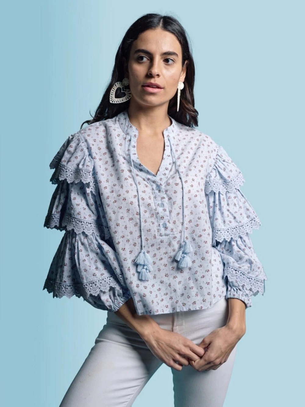 The Shirt By Rochelle Behrens Blue Ditzy Floral Tiered Sleeve Shirt
